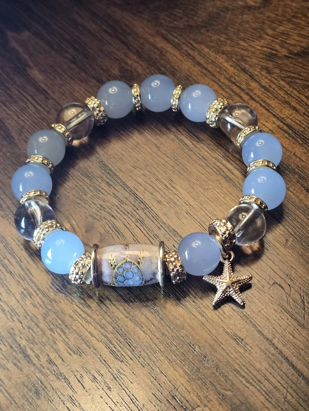 Crystal Bead Bracelet with Ceramic Sea Turtle Pendant & Gold-tone Starfish